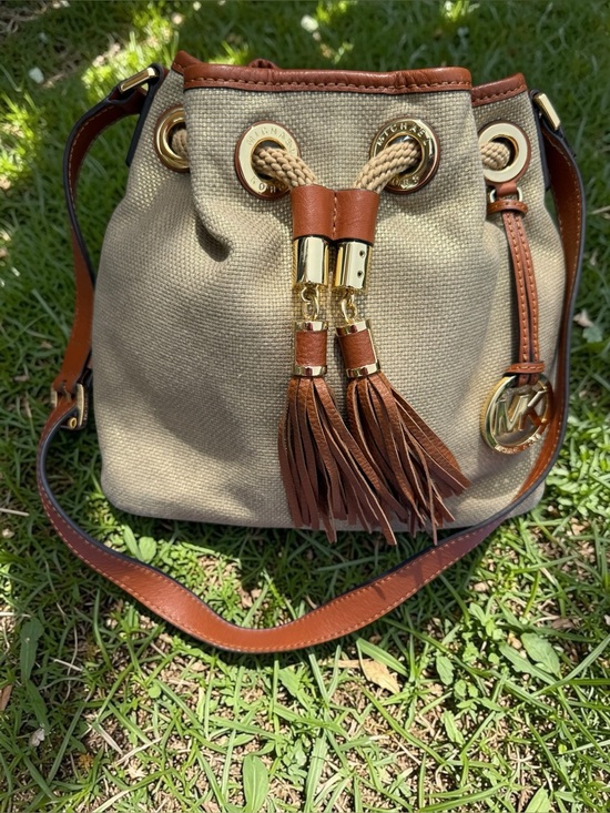 Michael Kors Handbags - Michael Kors Marina Canvas Drawstring Bucket Bag, Brown Leather